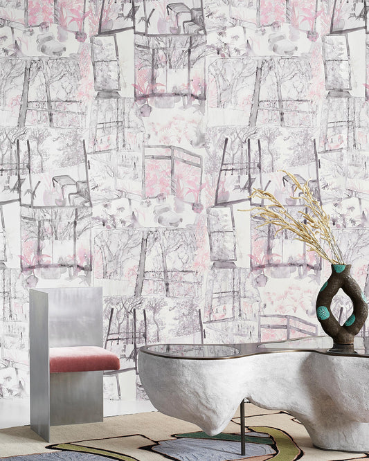 A living room with a Quotidiana Wallpaper Pink Island colorway wallpaper