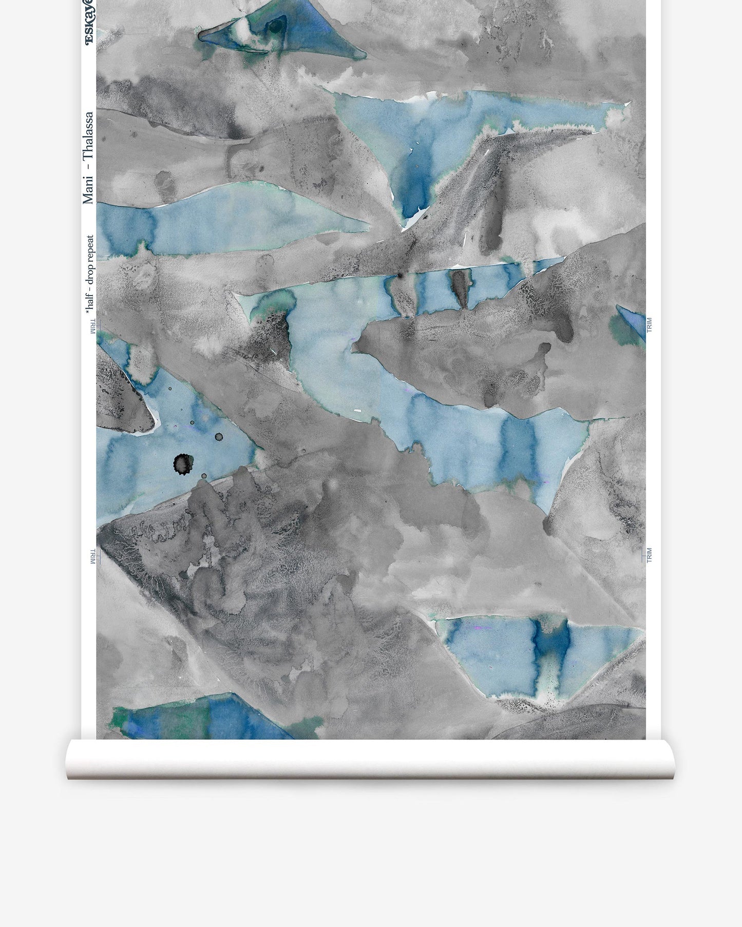 A gray and blue Mani Wallpaper mural with a blue and white pattern