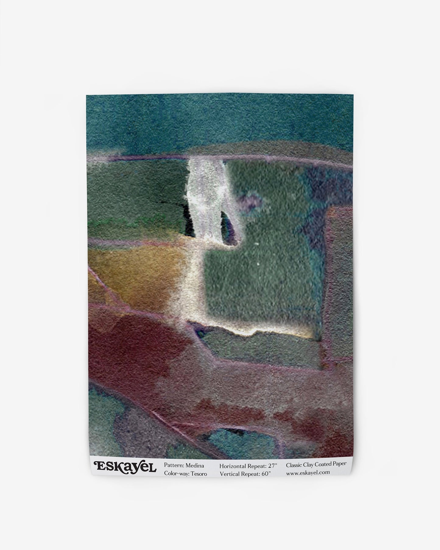 a sample of Medina Wallpaper Sample with a green, blue, and red pattern