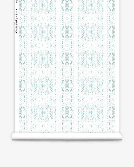 A roll of Omaha Kinship Wallpaper Breeze with a blue and white pattern, inspired by the Kwoma people of Papua New Guinea