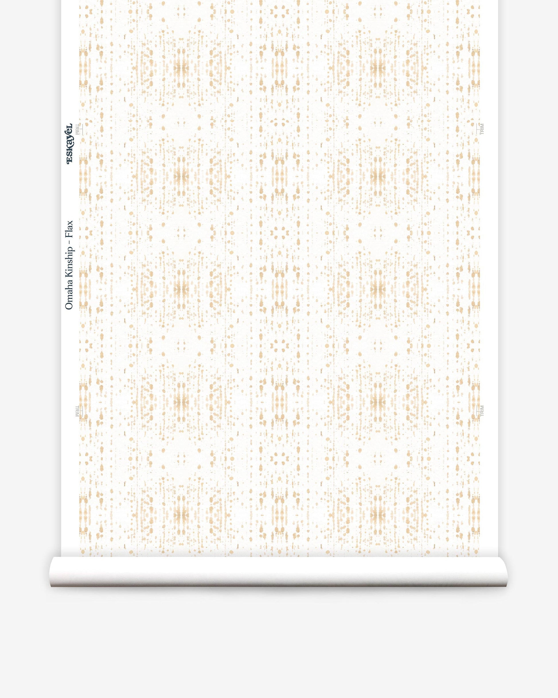 A roll of Omaha Kinship Wallpaper Flax with a white and gold Omaha Kinship pattern
