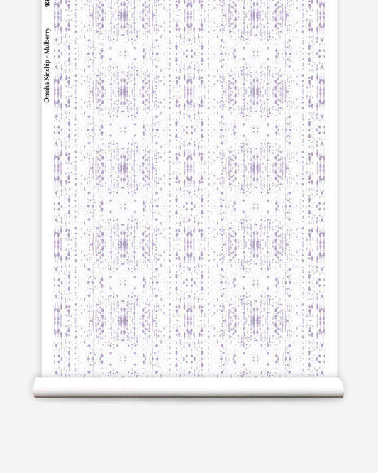 A purple and white pattern on a roll of wallpaper that features Omaha Kinship Wallwallpaper Mulberry's high-end wallwallpapers
