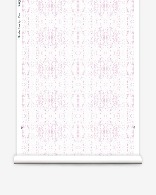 An Omaha Kinship Wallwallpaper Pink pattern on a roll of wallpaper, inspired by the Kwoma people of Papua New Guinea