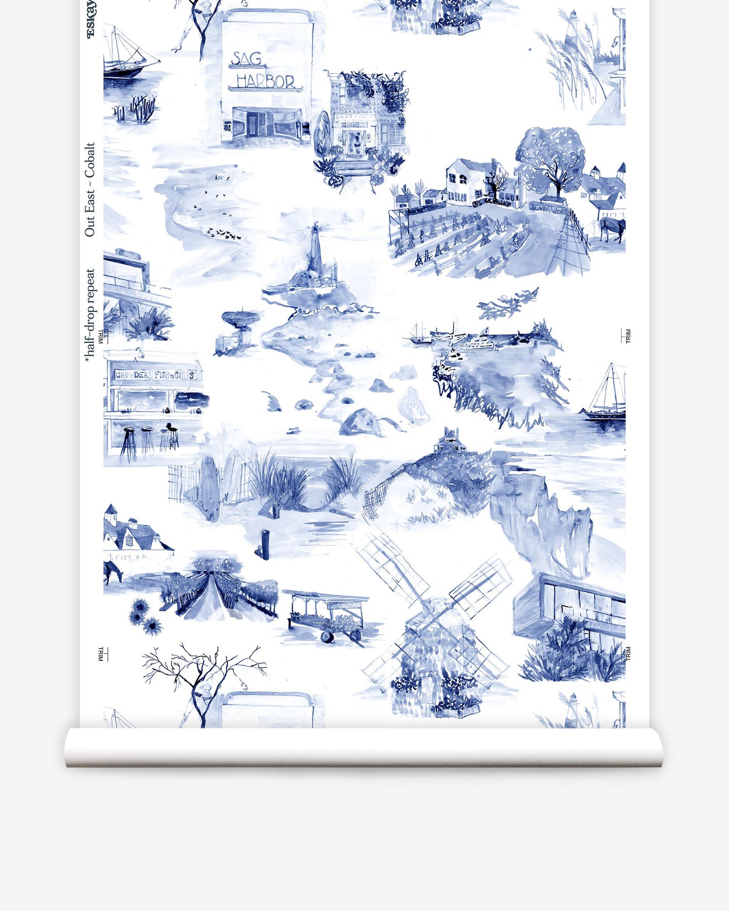 A roll of Out East Wallpaper Cobalt with blue and white toile pattern images on it