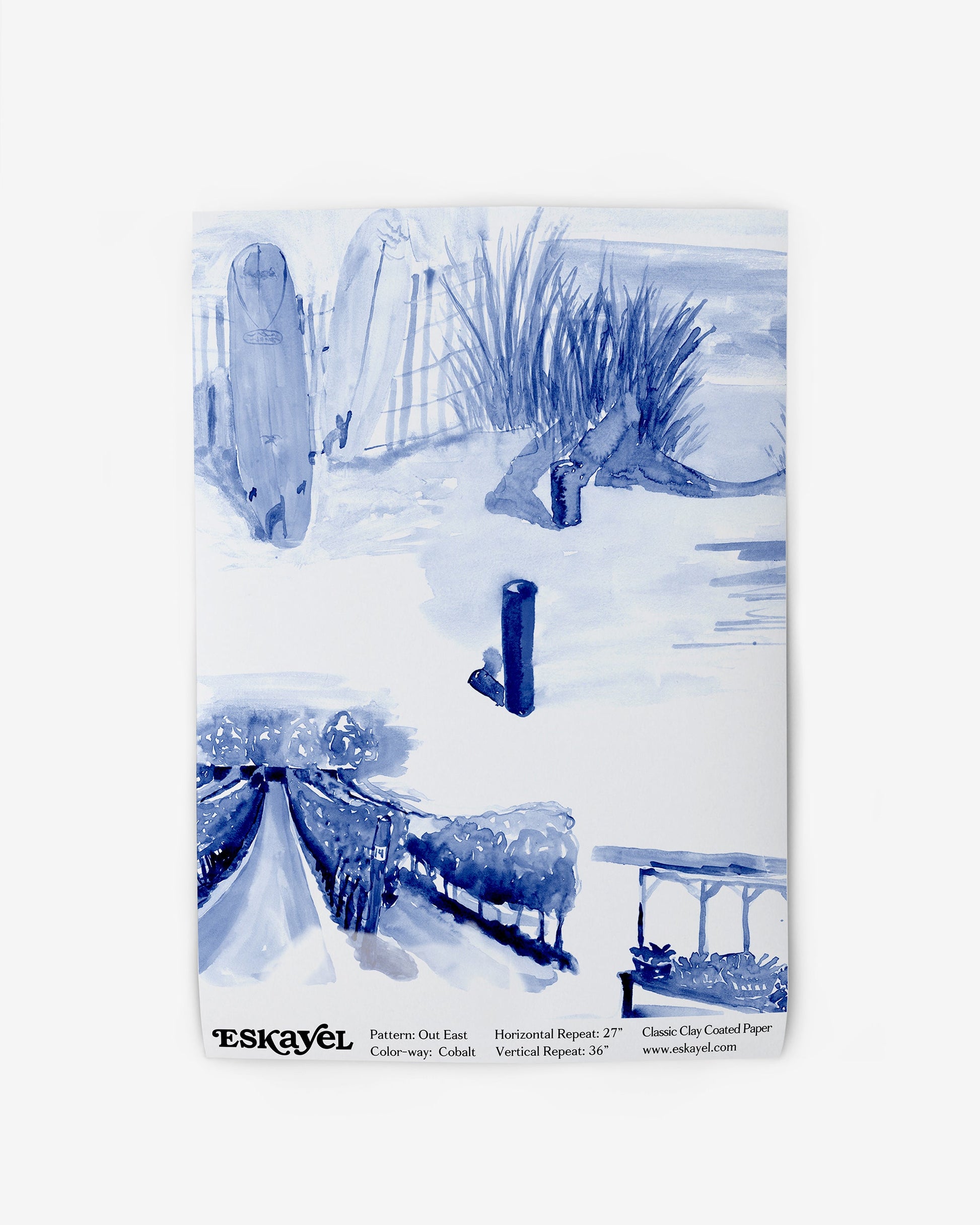 A Out East Wallpaper Sample Cobalt with illustrations of a beach and a surfboard