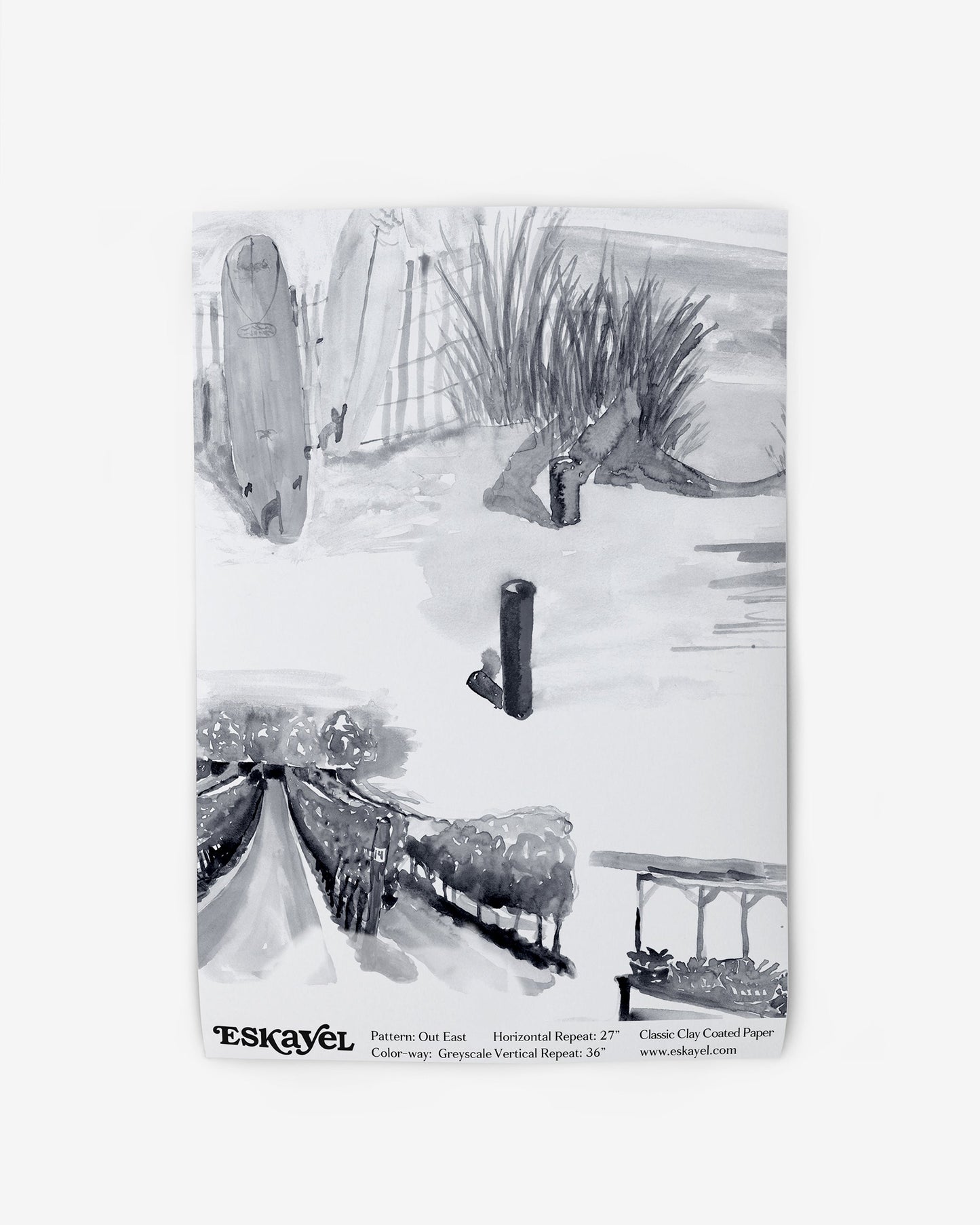 A black and white drawing of a beach scene for Out East Wallpaper Sample Greyscale sample