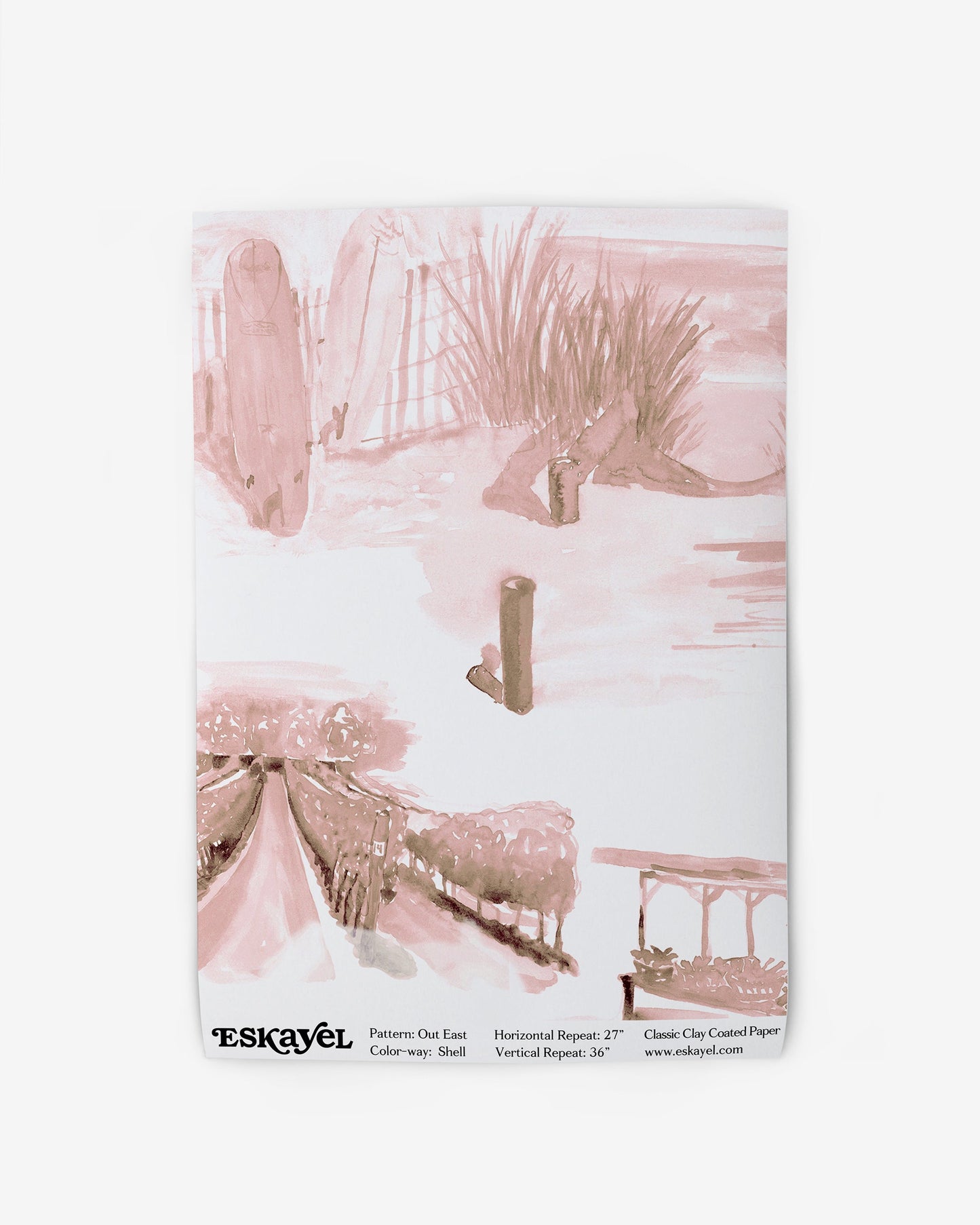 A sketchbook with a pink background and a picture of Out East Wallpaper Shell fabric