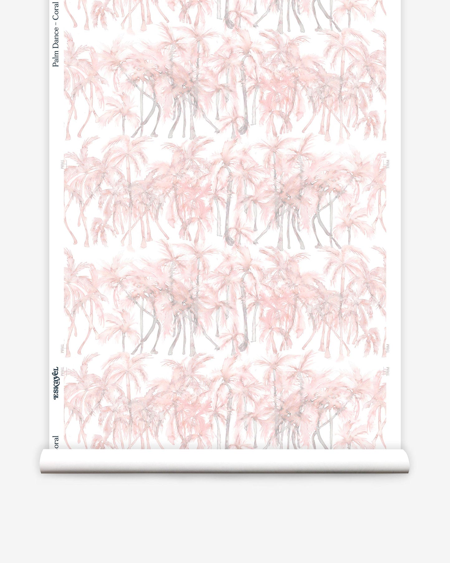 A pink and white watercolor pattern with palm trees on Palm Dance Wallpaper Coral fabric