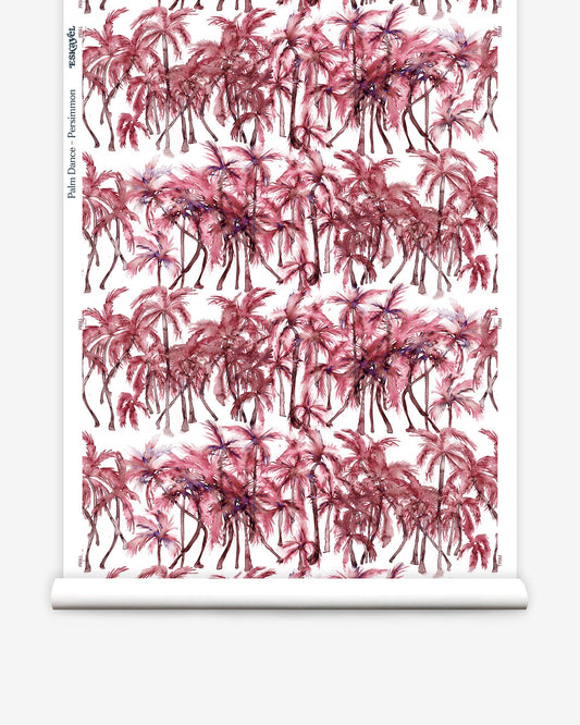 A pink watercolor pattern with Palm Dance Wallpaper Persimmon on a luxury fabric