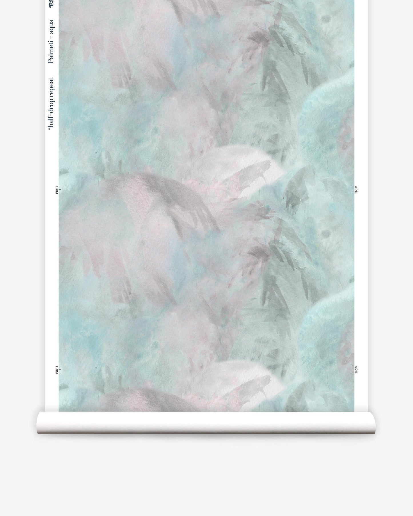 A roll of Palmeti Wallpaper Aqua with a blue and pink design