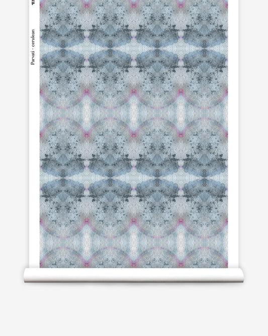 A roll of Parvati Wallpaper Cerulean from the Eskayel Dea Collection, using watercolor pigments