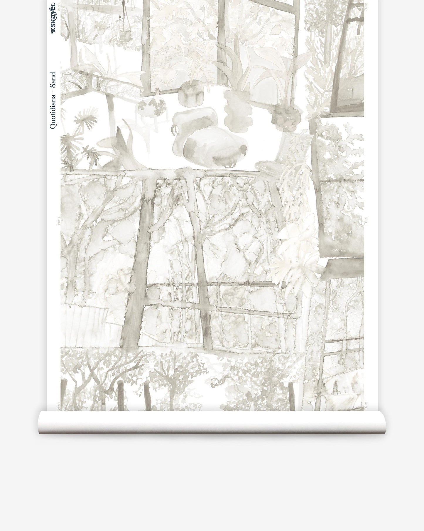 A roll of Quotidiana Wallpaper Sand with a drawing of a tree in neutral tones