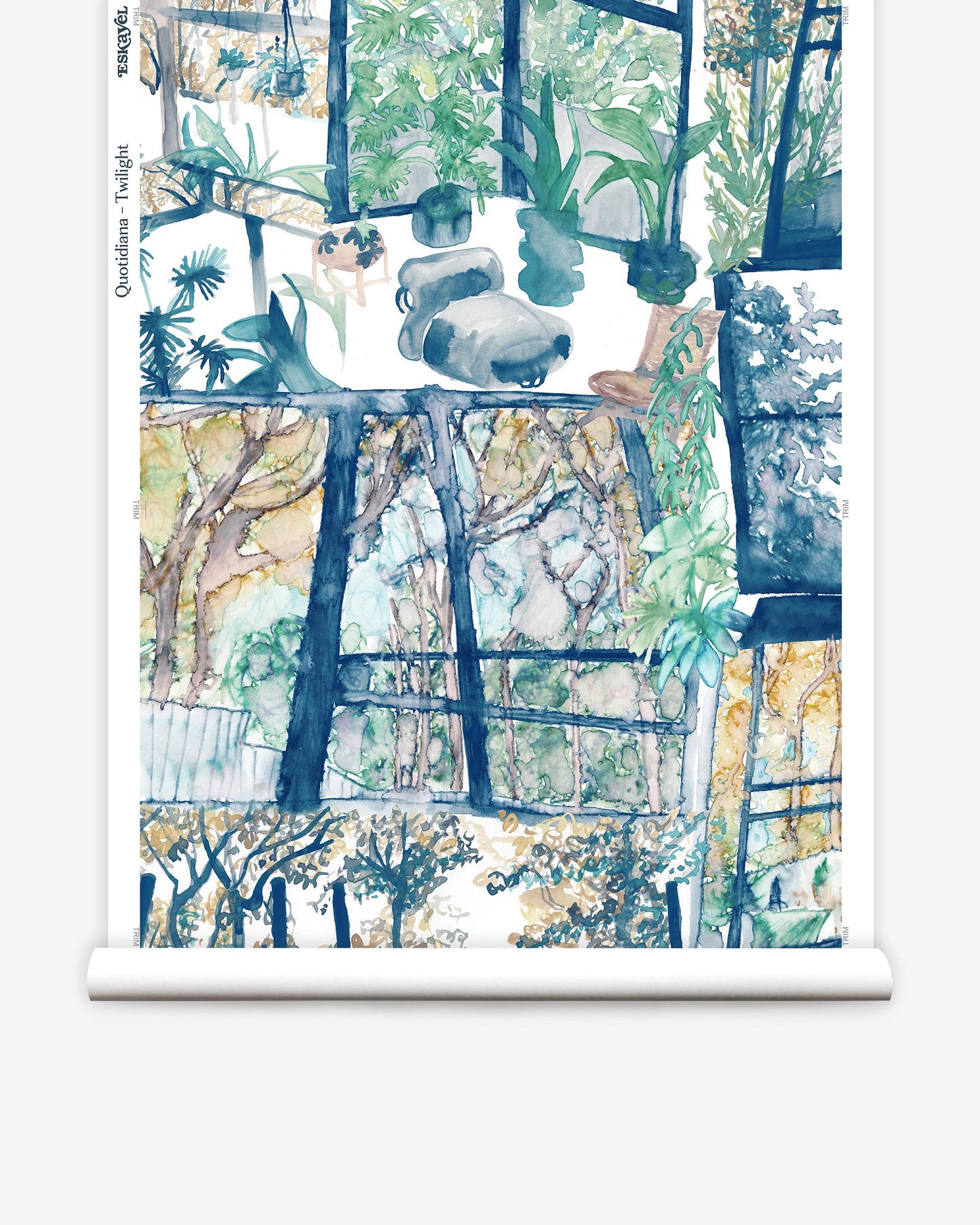 A roll of high-end Quotidiana Wallpaper Twilight with watercolor images of verdant views