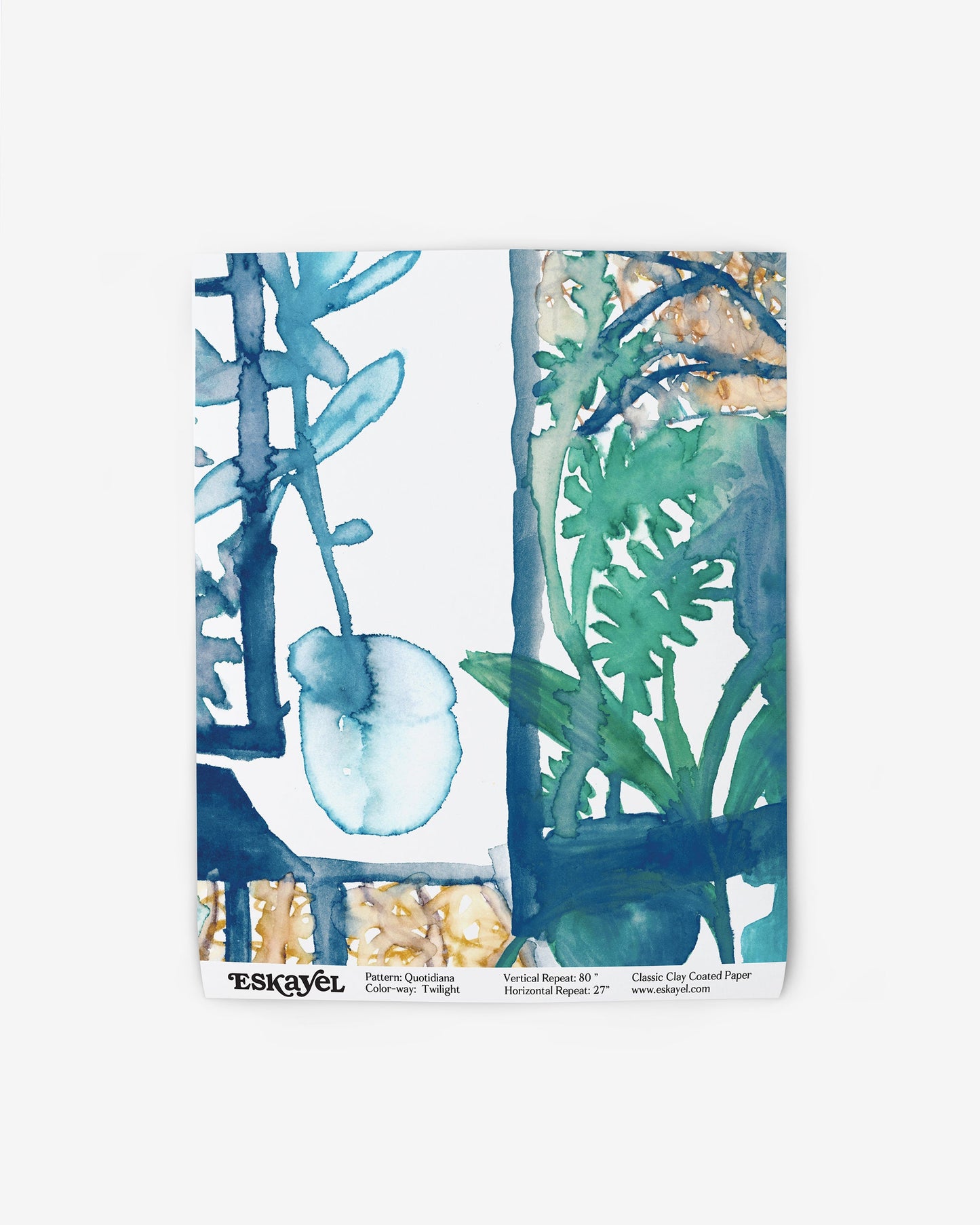 A blue and green fabric with plants and flowers on it, featuring the Quotidiana Wallpaper Twilight pattern