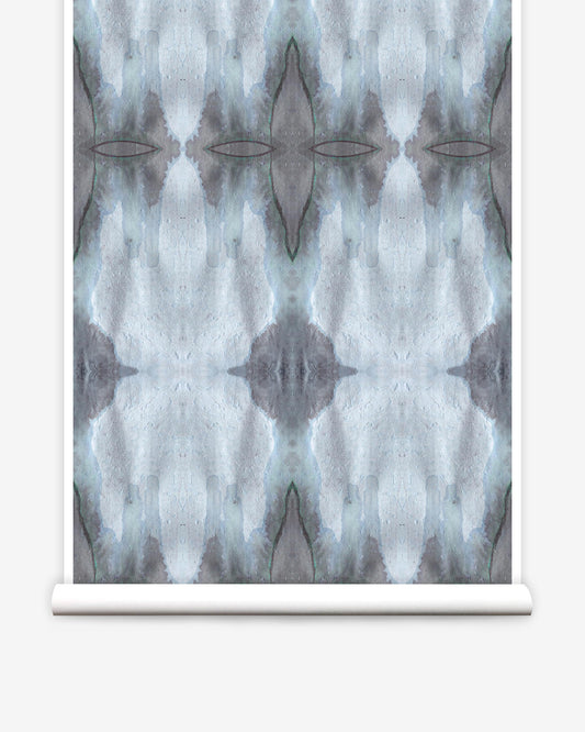 A roll of grey and blue Ripple Wallpaper with a Cerulean design