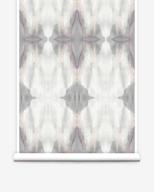 A roll of Ripple Wallpaper Pearl with a grey and white colorway