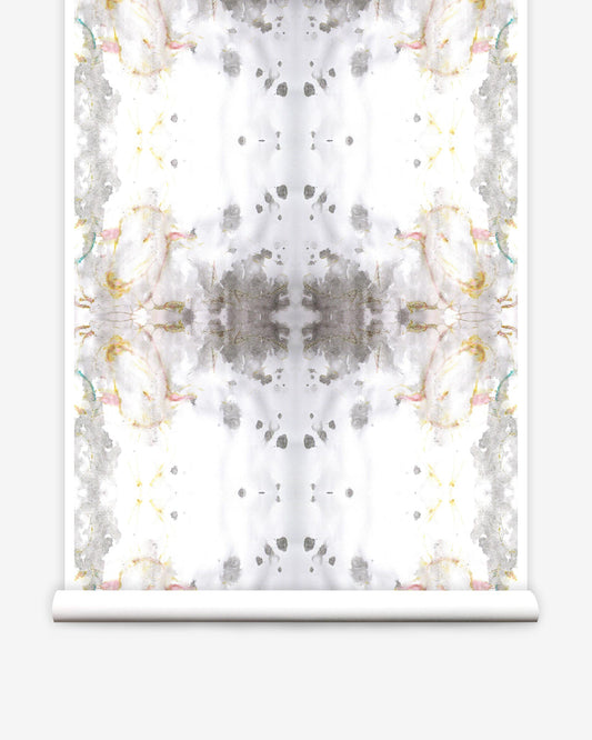 A roll of Roman Ram Wallpaper Light Metal from the Era Collection inspired by ancient Italian villages with a white and gold design