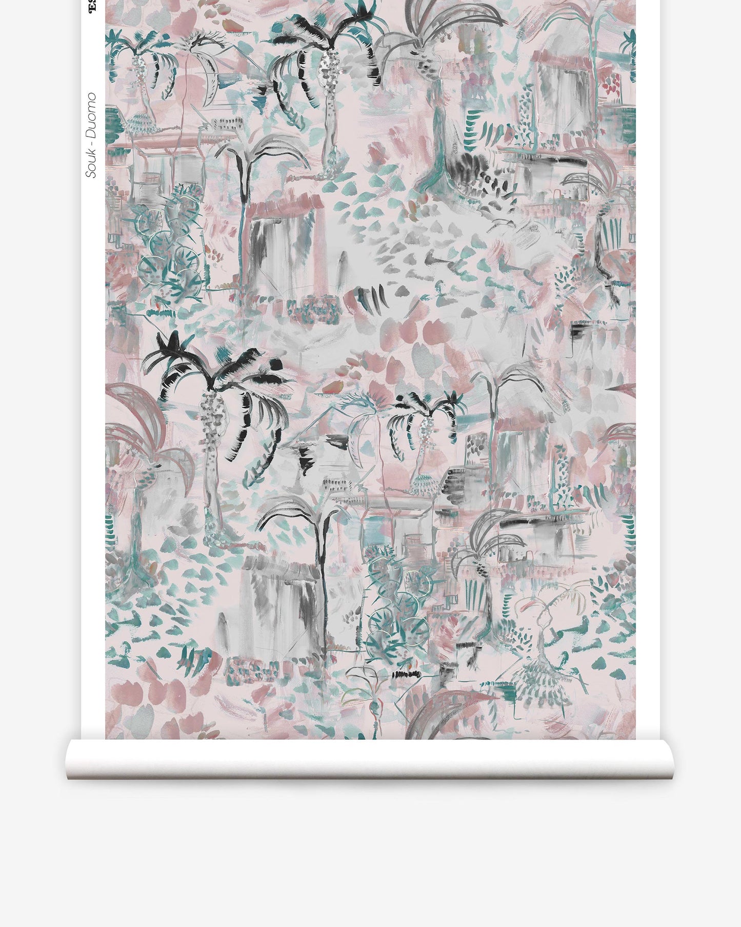 A pink and blue Souk Wallpaper with palm trees on it is a perfect addition to bring the Souk vibes of Marrakech into your space