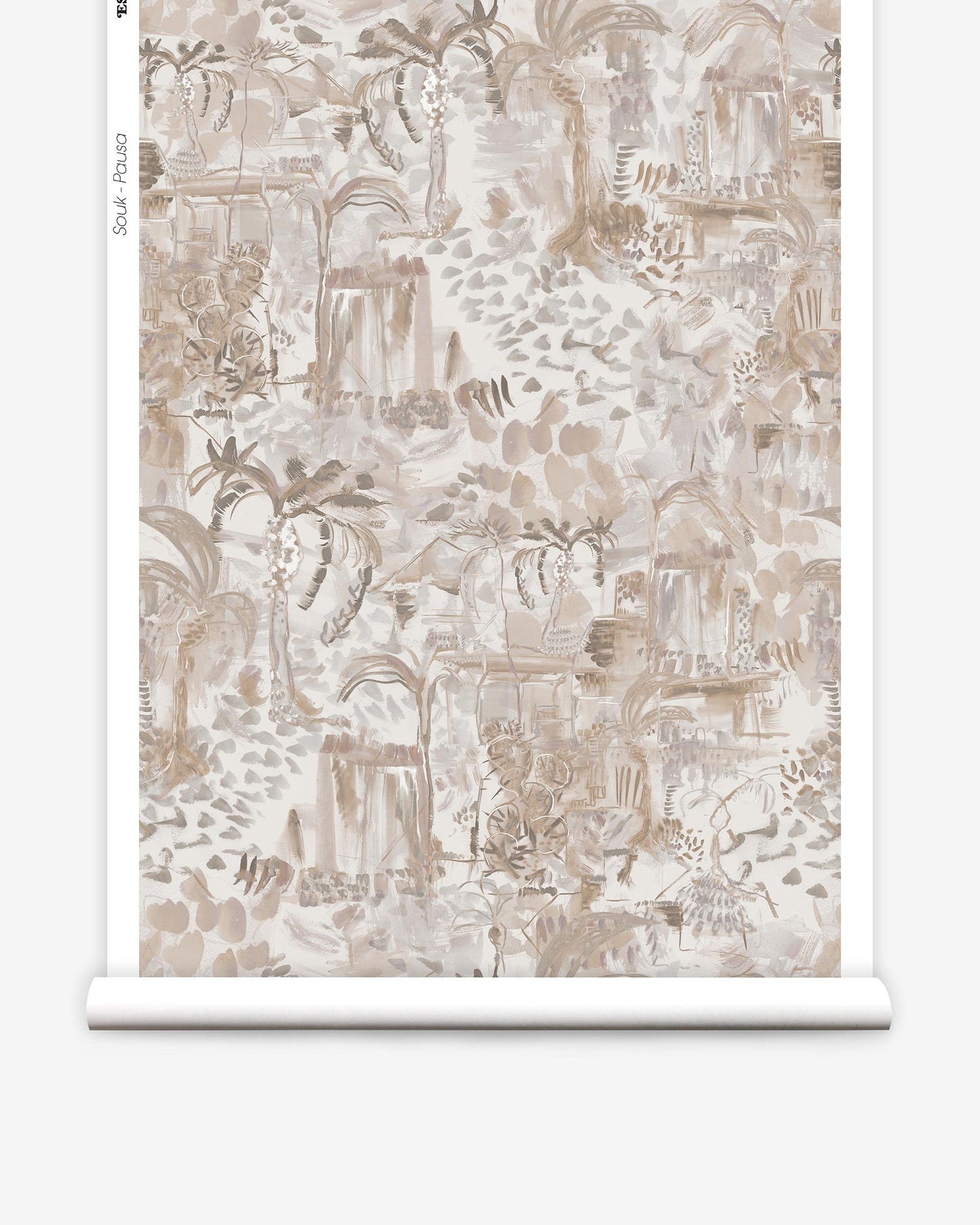 A roll of beige and brown wallpaper with a Souk Wallpaper Pausa-inspired pattern