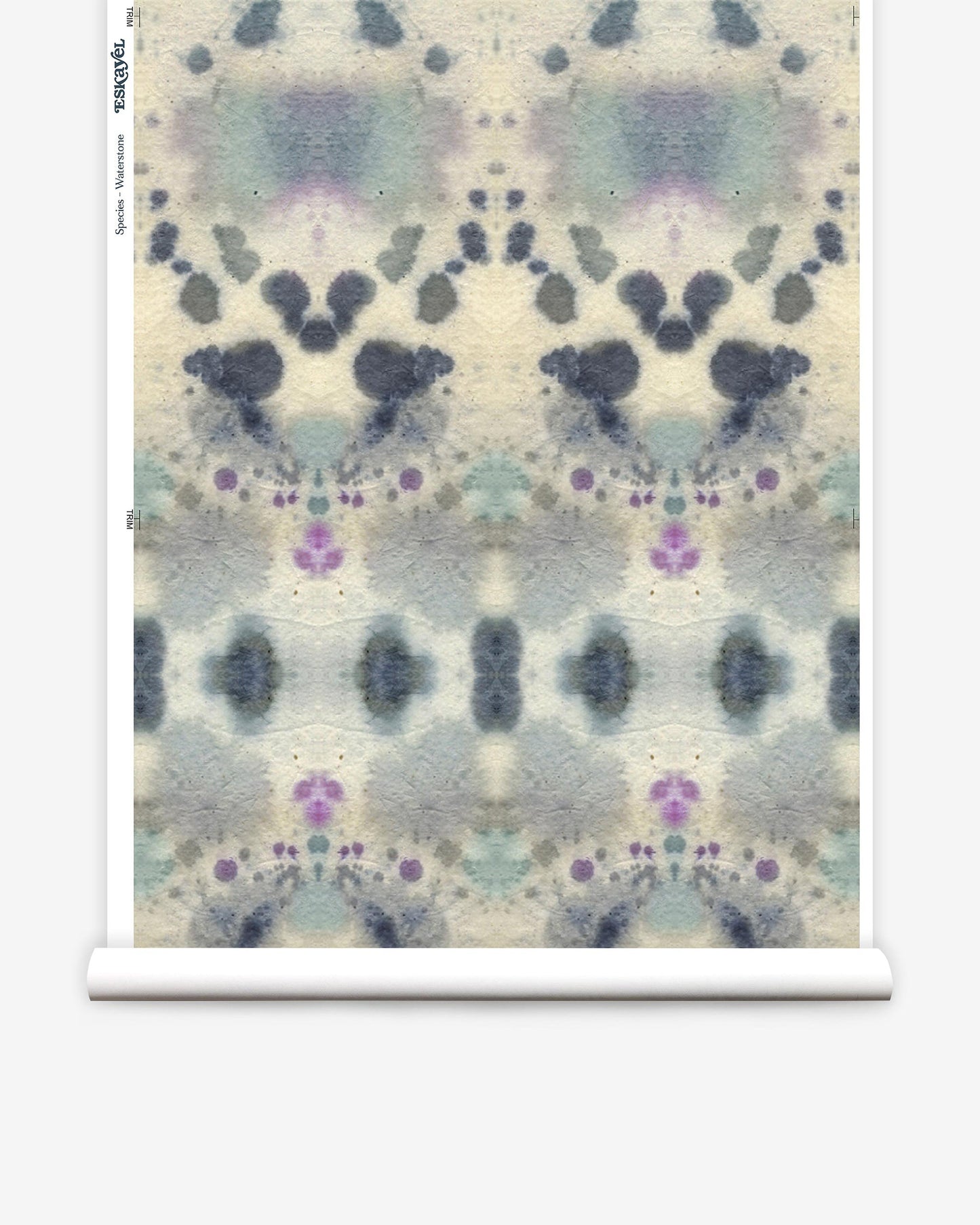 A roll of Species Wallpaper with a kaleidoscopic effect of blue and purple flowers on it