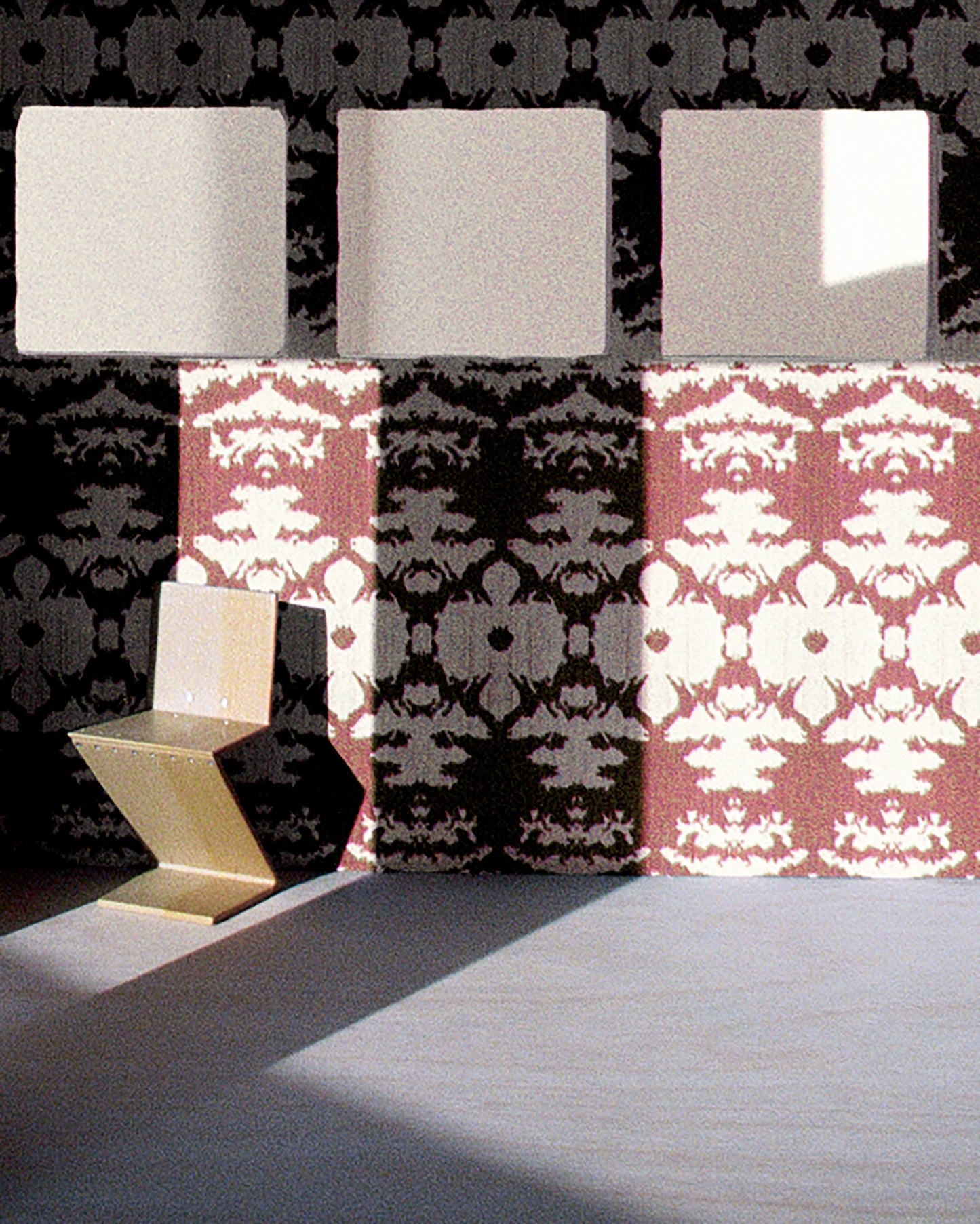 A room with a chair and a The Dance Wallpaper Morinda Ikat wall