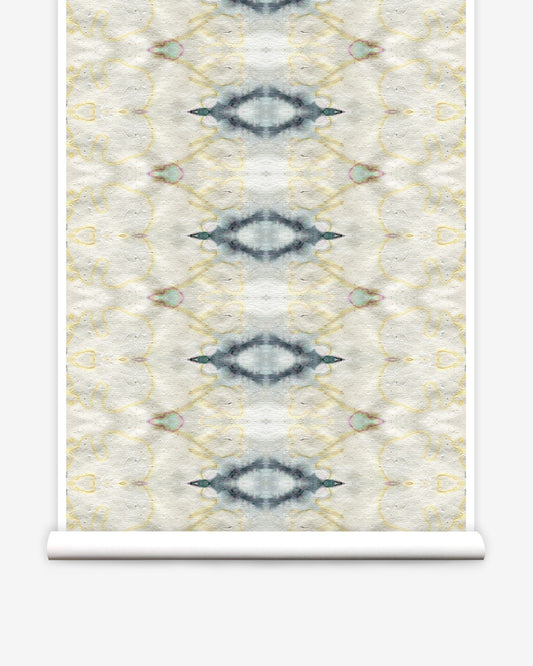 A roll of The Knitting Wallpaper Sand luxury wallpaper from the Lora Collection with a geometric pattern on it
