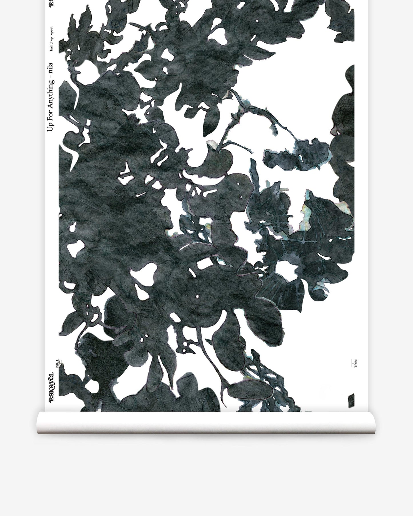 A monochrome print of botanical leaves on the Up For Anything Wallpaper Nila