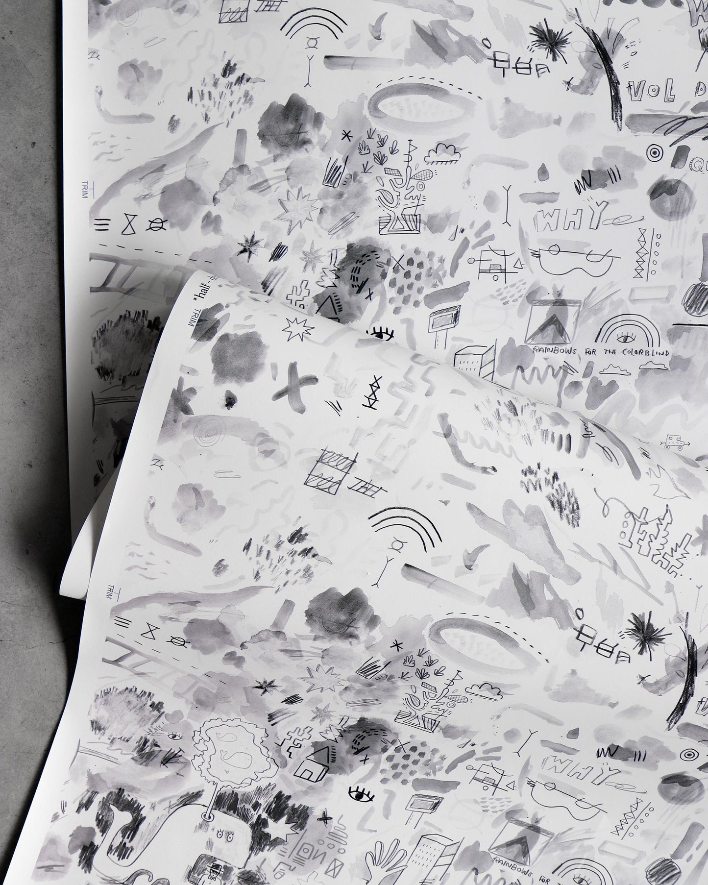 A piece of luxury fabric with Vol de Nuit Wallpaper Noire drawings on it