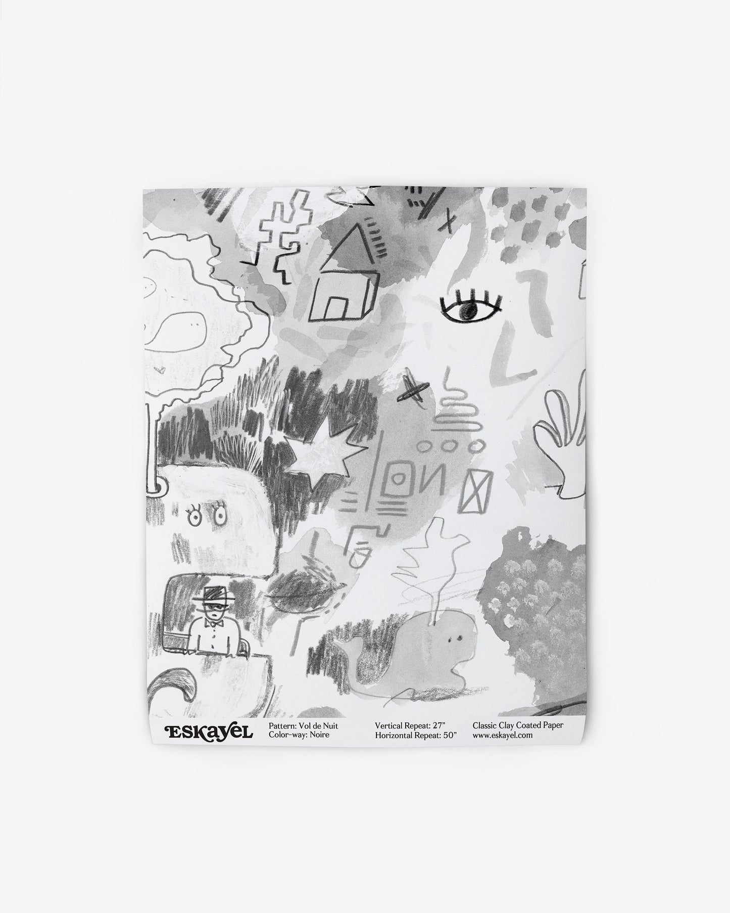 A black and white drawing of a child's Vol de Nuit Wallpaper Sample Noire
