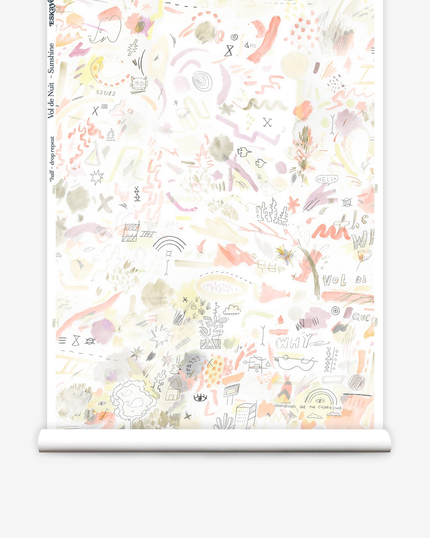 Vol de Nuit Wallpaper presents a roll of luxury fabric with various drawings on it