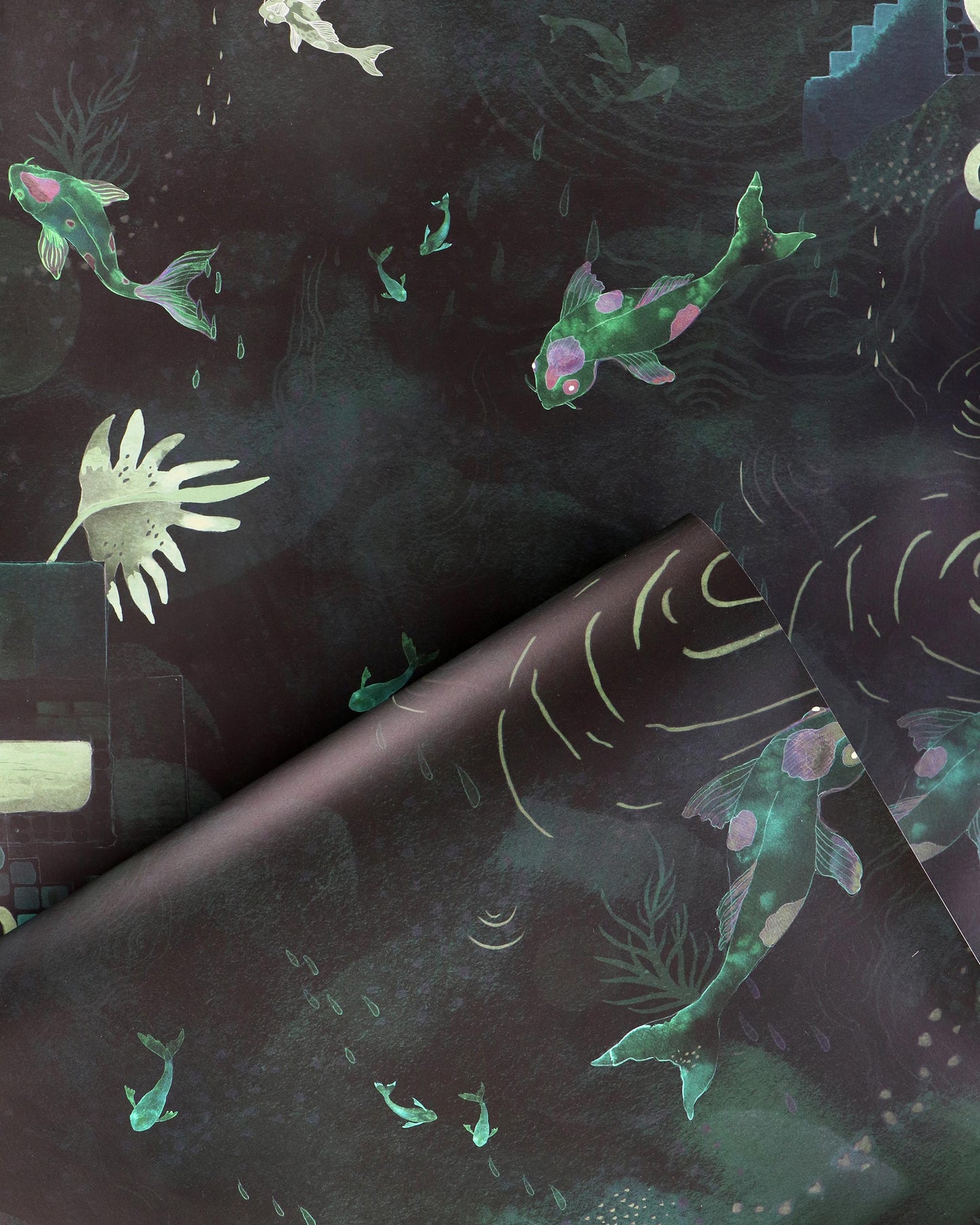 A black and green Water Signs Wallpaper Emerald with a koi fish on it