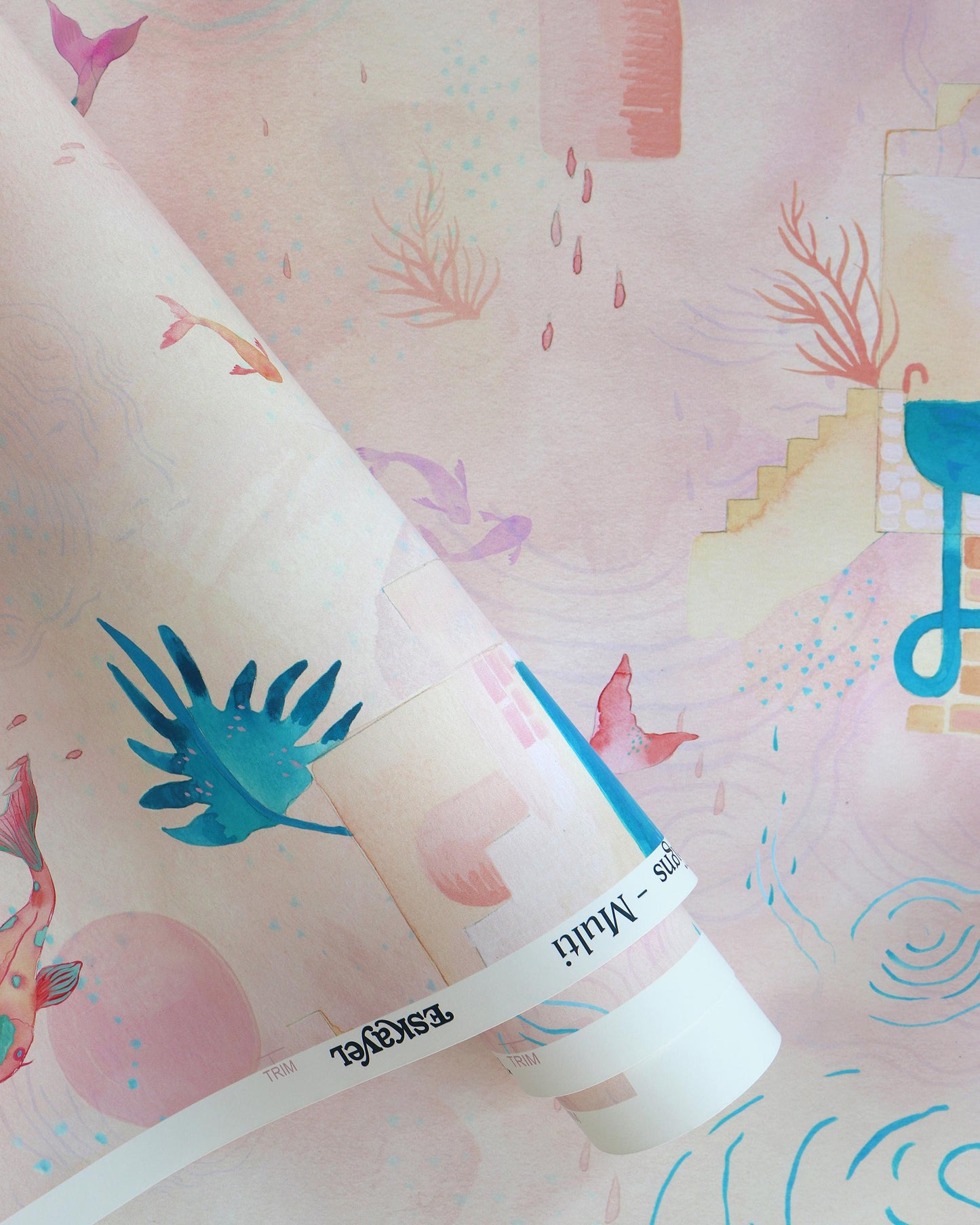A pink and blue Water Signs Wallpaper Multi with a mermaid on it
