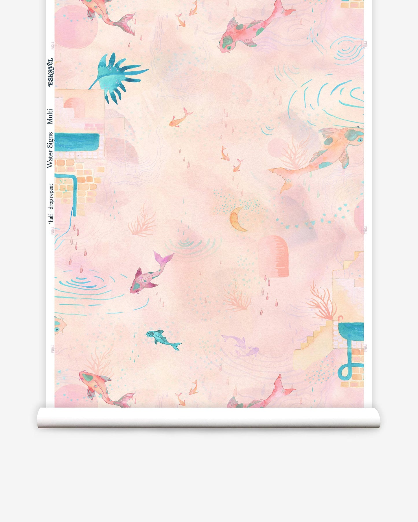 A pink Water Signs Wallpaper Multi with mermaids and fish on it