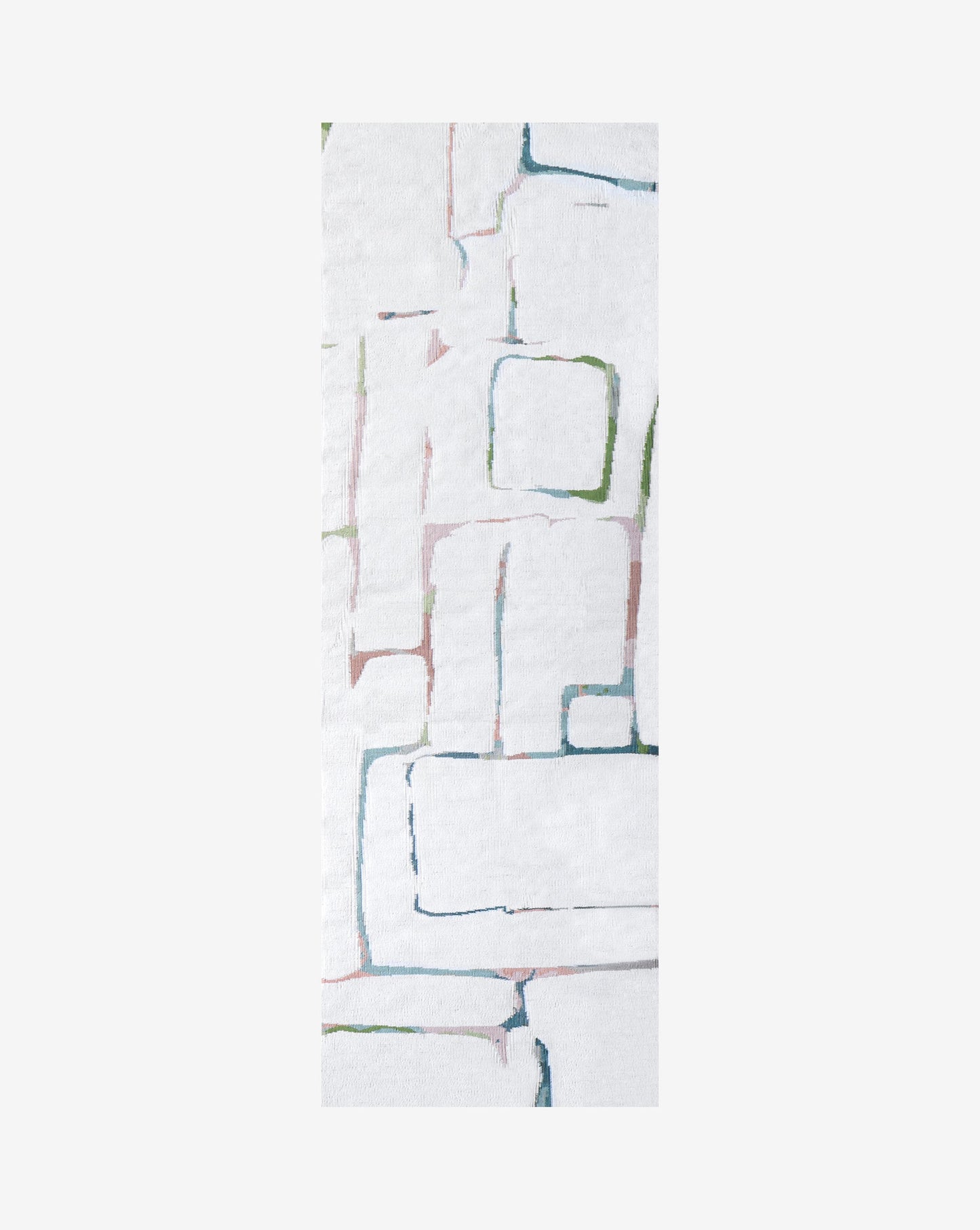 A white towel with a pink, green, and blue pattern made by Eskayel and Portico Flatweave Rug Multi Solid