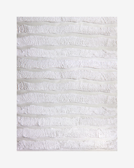 a rug with stripes on it that showcases hybrid weaving techniques in creating the Bold Stripe Hand Knotted Rug Lefko White