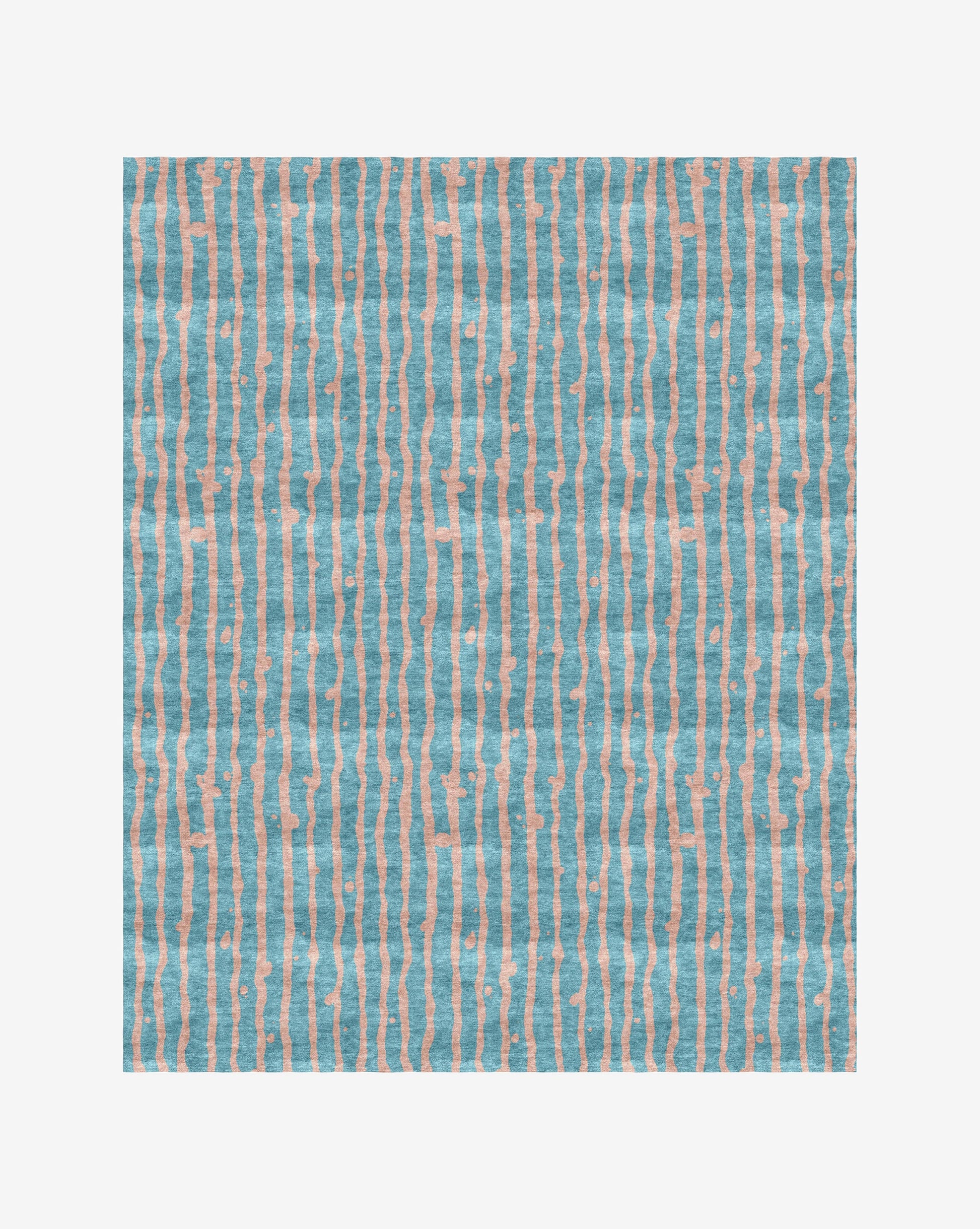 A Drippy Stripe Hand Knotted Rug  Morea with a blue and pink striped pattern on a white background
