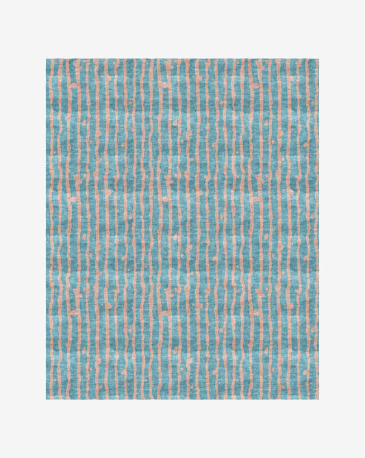 A Drippy Stripe Hand Knotted Rug  Morea with a blue and pink striped pattern on a white background