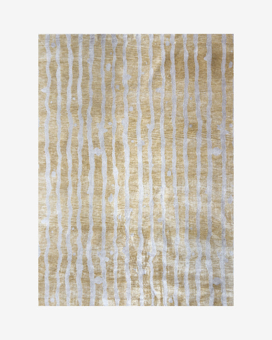 A Drippy Stripe Hand Knotted Rug  Sage with bold contrasting colors and striped pattern on a white background