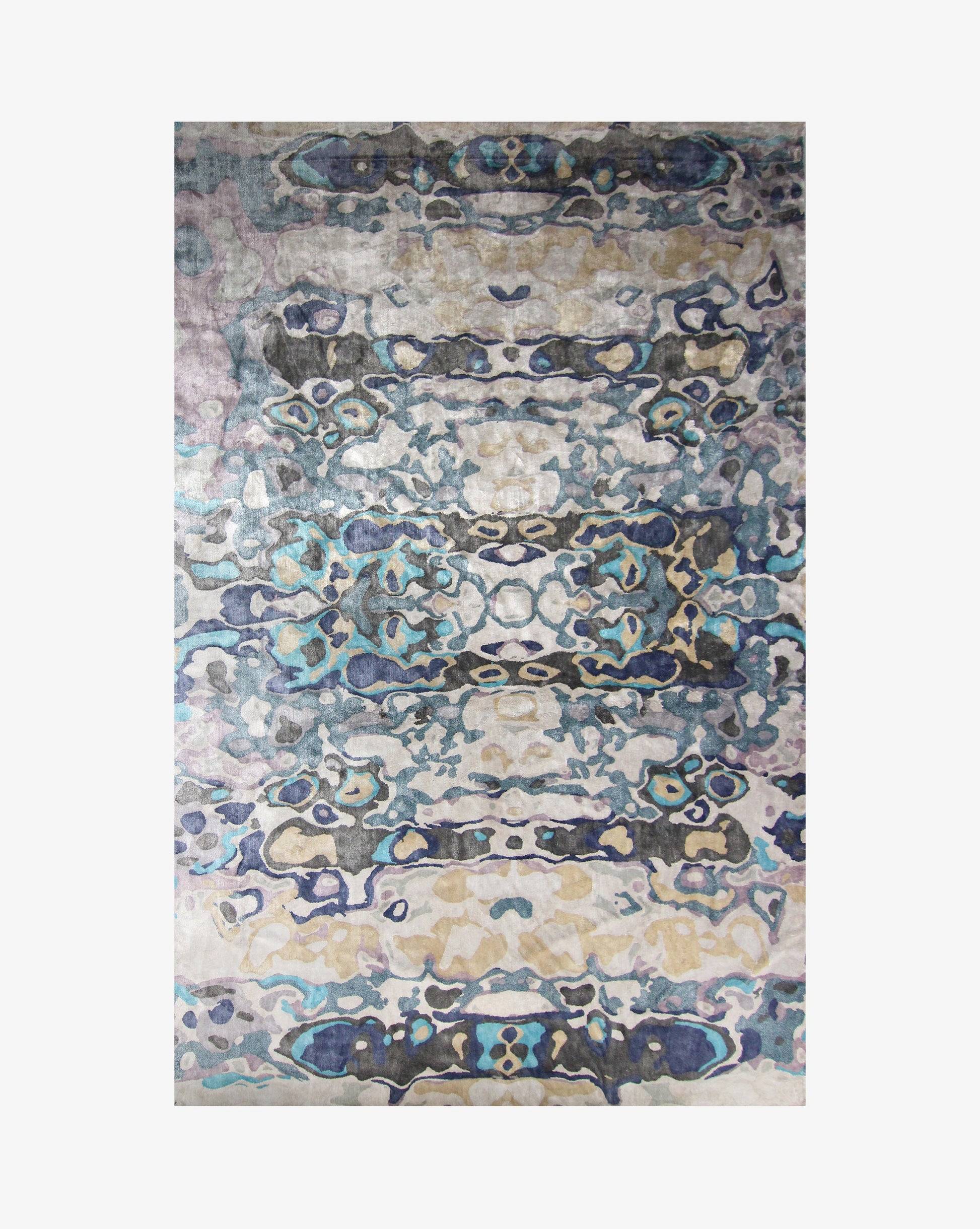 A rug from the Expo Hand Knotted Rug  Multi Collection with an abstract shapes design and a blue and gold color scheme on a white background