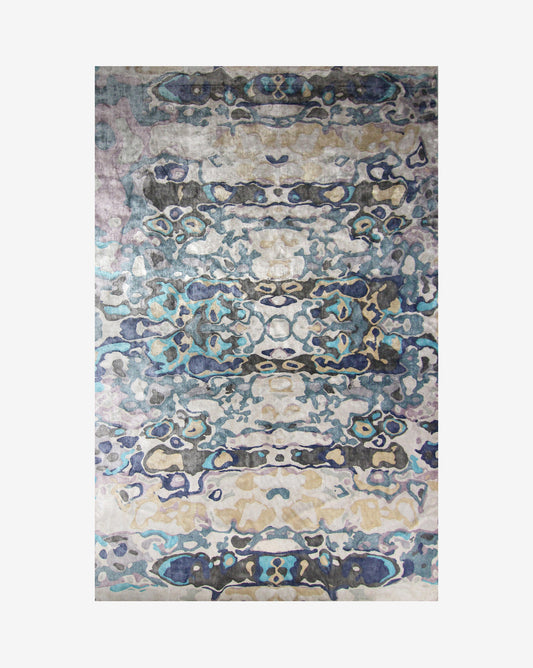 A rug from the Expo Hand Knotted Rug  Multi Collection with an abstract shapes design and a blue and gold color scheme on a white background