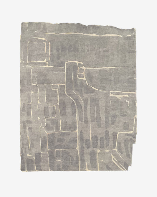 A handmade Portico Hand Knotted Rug Greyscale with a drawing of a city on it