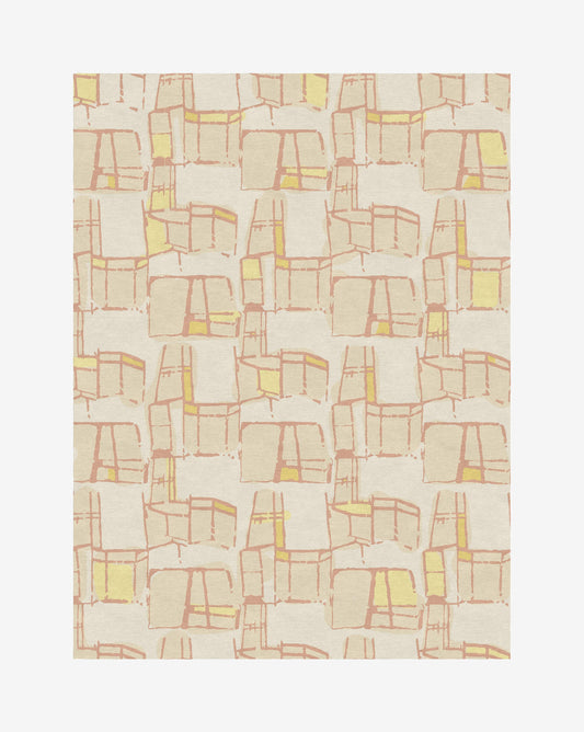 A beige and yellow Quotidiana Hand Knotted Rug  Ilios design on a white background