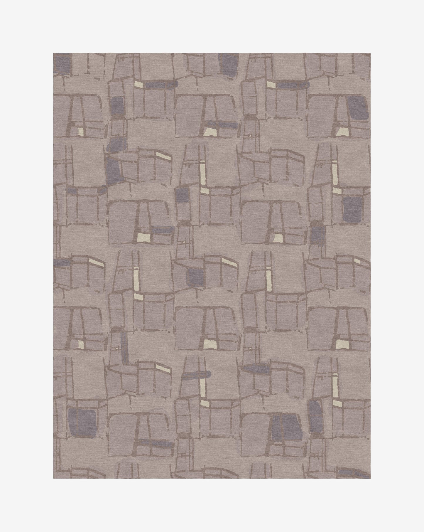 A grey and beige pattern on a white background, created through the Quotidiana Hand Knotted Rug Morea design process