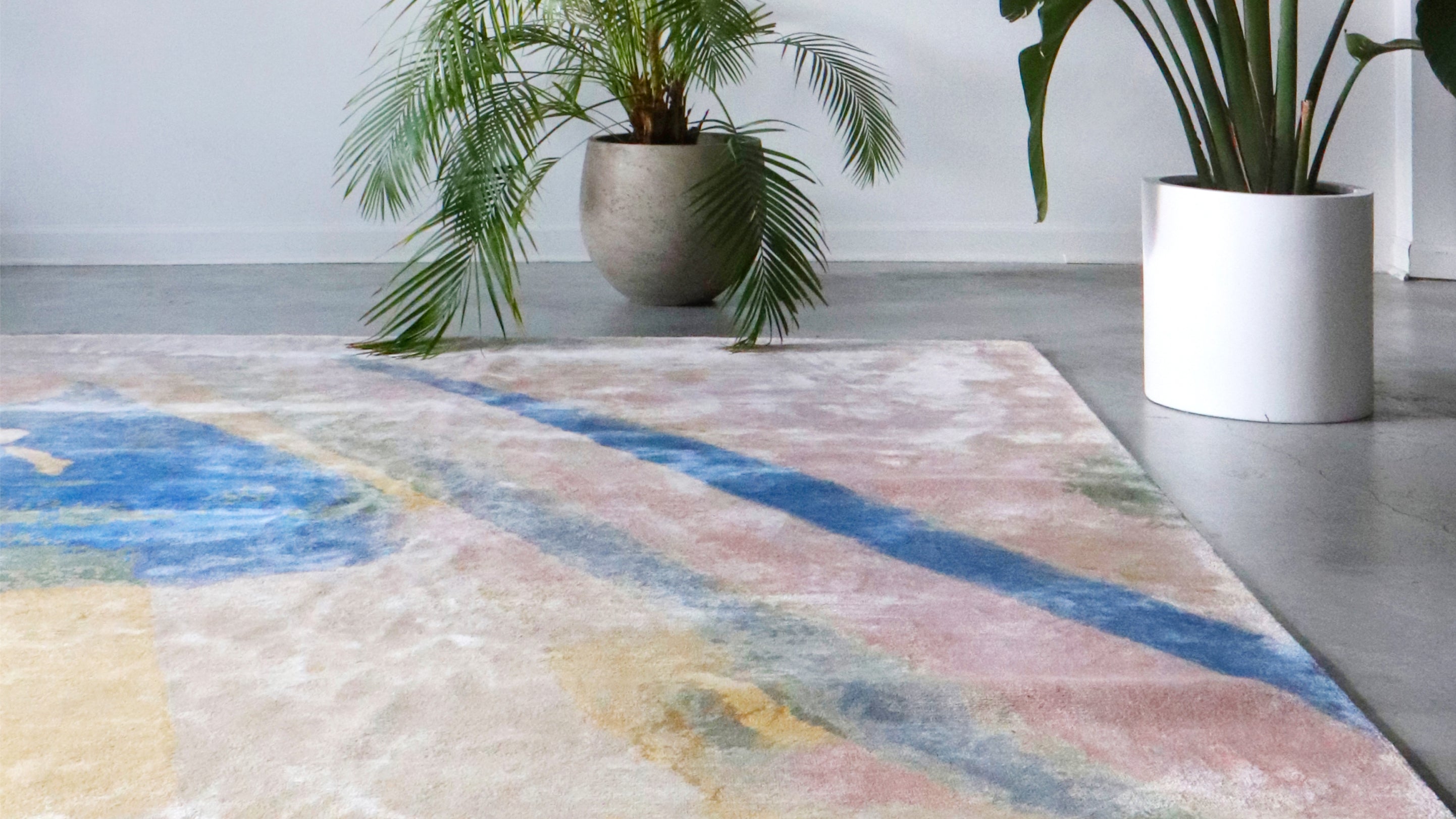 An abstract rug in a room with a potted plant