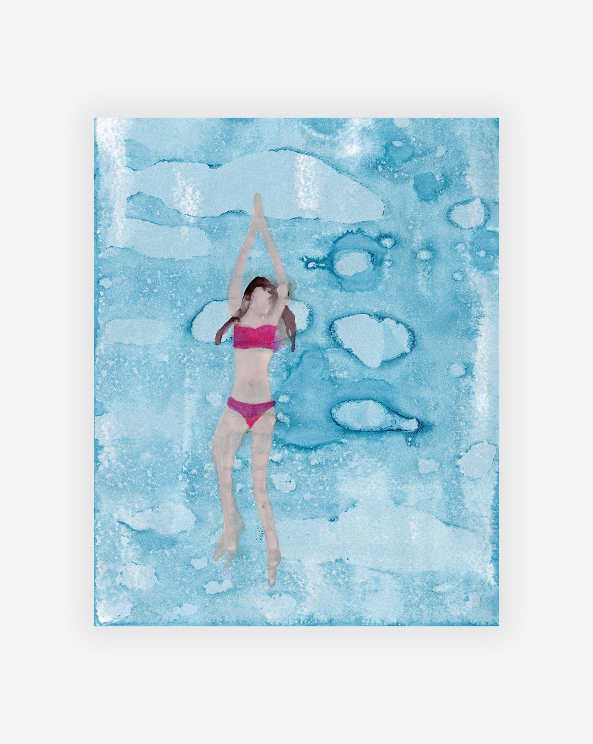A painting by Eskayel founder and artist Shanan Campanaro depicts a person wearing a red bikini swimming with outstretched arms, set against a mesmerizing blue and white abstract background. This piece is part of her Back Float Print collection.