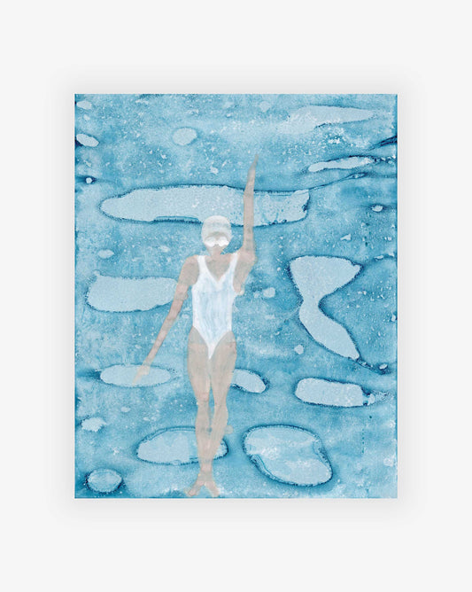 Watercolor painting of a person in a white swimsuit and swim cap, floating in a pool with an arm raised. The water, depicted in various shades of blue with light reflections, evokes the unique style of artist Shanan Campanaro's original artworks. This is the Back Stroke Print.