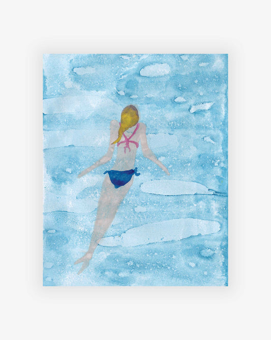 This **Breast Stroke Print** by Eskayel founder Shanan Campanaro captures a person with blonde hair swimming in a pool, wearing a blue bottom and pink top. The water is depicted in varying shades of blue.
