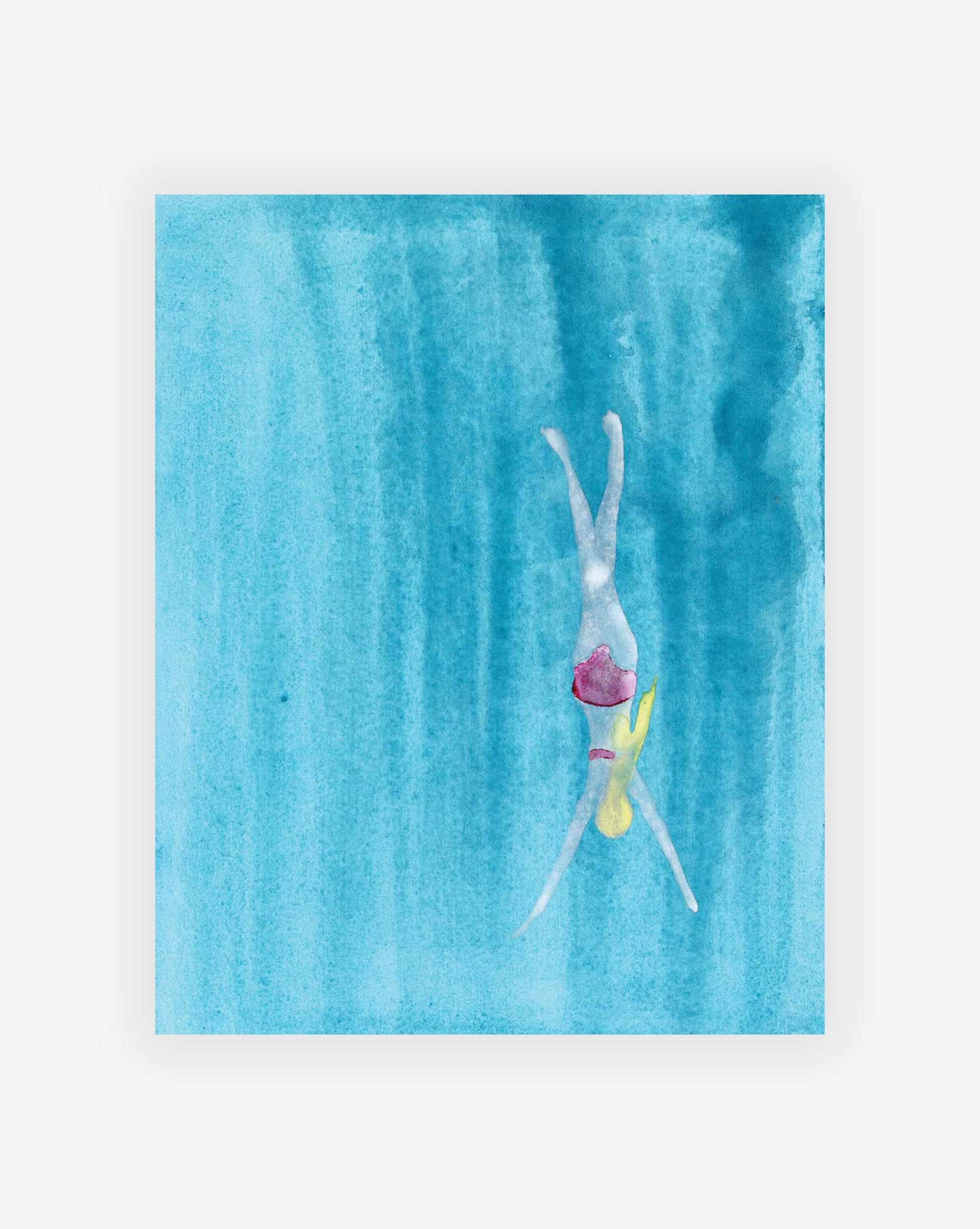 A watercolor painting by Eskayel founder Shanan Campanaro depicts a person swimming underwater. The view is from above, showing the swimmer moving forward in a blue aquatic environment. This piece exemplifies her unique approach to creating original artworks and is titled "Butterfly Stroke Print.