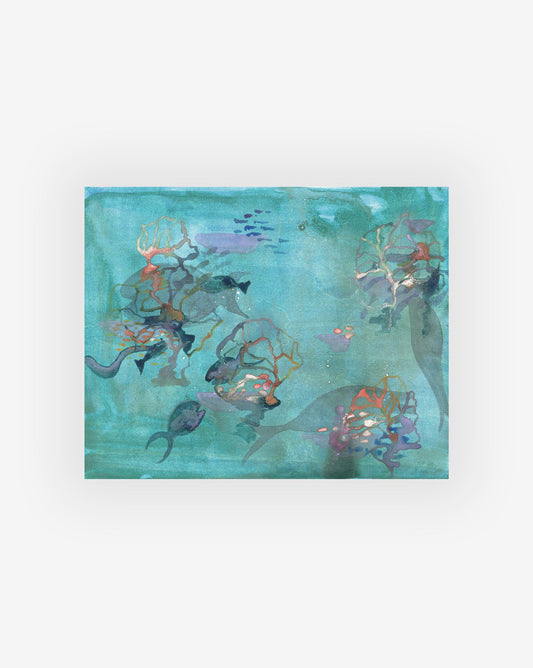 The Coral Print by Shanan Campanaro is a stunning watercolor painting depicting an underwater scene filled with fish, seaweed, and various abstract shapes in shades of blue, green, and purple. This original artwork beautifully captures the serene and vibrant essence of marine life.