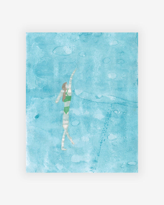 A watercolor painting by the Eskayel founder showcases a person in a green swimsuit diving into a blue pool. The background includes abstract shapes and textures, capturing the essence of water. This piece is one of her original artworks, reflecting her unique artistic style. This piece is known as Crawl Stroke Print.